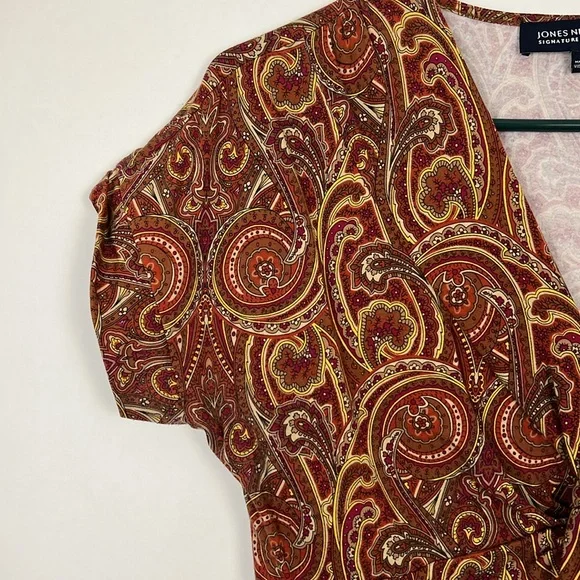 Jones New York paisley shortsleeve blouse brown, red, gold S - Picture 4 of 8